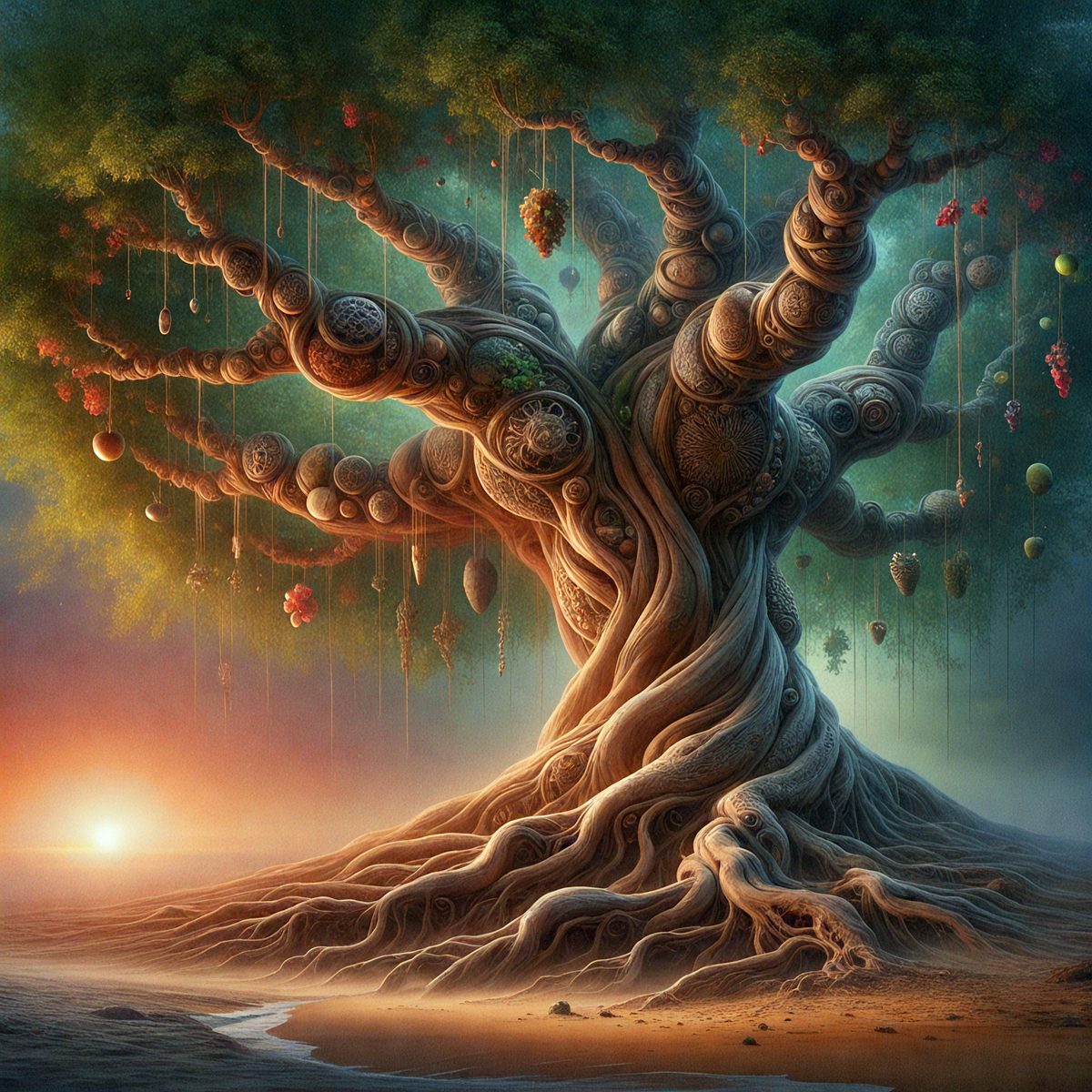 The primary subject of the image is a large, gnarled tree with a massive trunk and many branches. The tree is adorned with various fruits, including apples and oranges, and is surrounded by a lush, green forest. The setting is a serene, natural environment, with the tree as the focal point. The visual style of the image is a digital art or illustration, with a rich, detailed, and vibrant color palette that conveys a sense of life and growth.